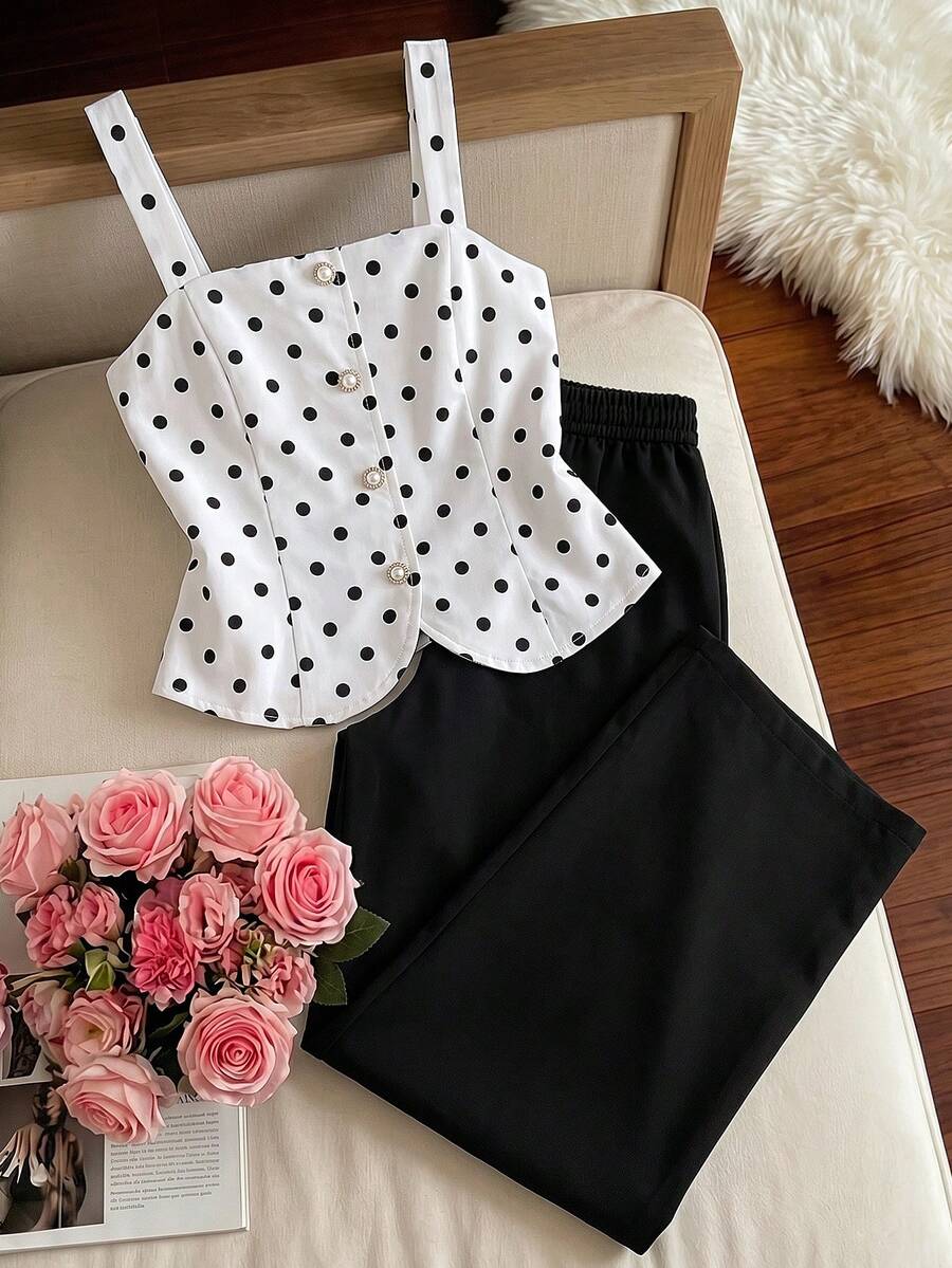 SHEIN 2件組少女復古法式黑白波點夏季80年代風格婚禮賓客穿搭,珍珠鈕扣細肩帶上衣搭配黑色寬腿長褲 - 黑色 - 查看 1