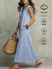 SHEIN Holidaya 清爽的蓝白竖条纹V领荷叶边下摆宽松A字连衣裙，适合外出、日常休闲穿着及更多场合。 - 藍白色 - 查看 6