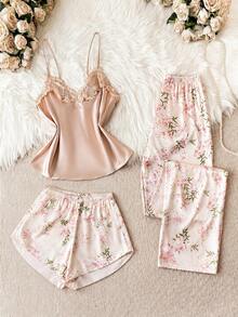 LuxeNights Bộ đồ ngủ satin in họa tiết hoa - Rượu sâm banh - Xem 2
