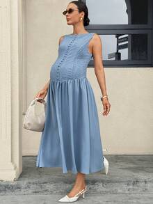 MaterniWear Maternity Sleeveless Casual Elegant Maternity Dress With Geometric Texture Photoshoot Baby Blue Summer - Blue - View 5