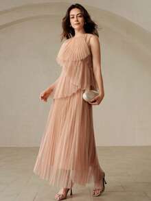 BELROSIE European And American Style Spring/Summer New Fashionable Versatile Solid Color Mesh Crinkle Multi-Layer Ruffle Hem Long Sleeveless Dress - Dusty Pink - View 7