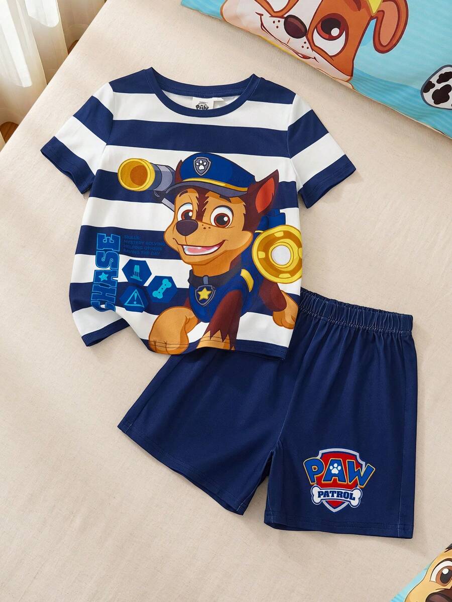 SHEIN | PAW Patrol 2pcs/Set Young Boys Striped Contrast Color Round Neck Short Sleeve Top And Casual Shorts Pajama Set - Blue - View 1