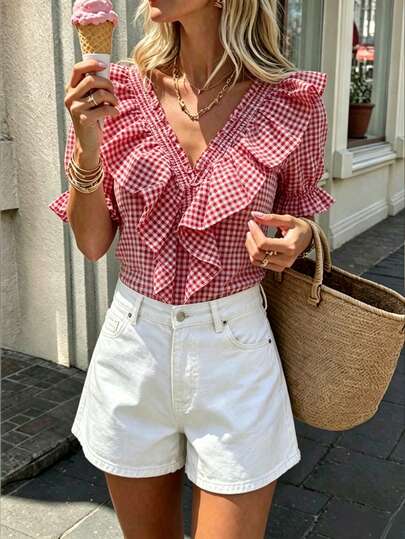 Pariaura Ruffle Shirred Plaid Casual Blouse For Women