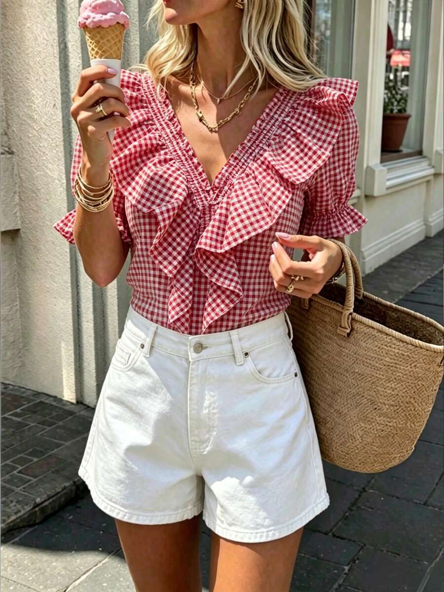 Pariaura Ruffle Shirred Plaid Casual Blouse For Women - Red and White - View 1