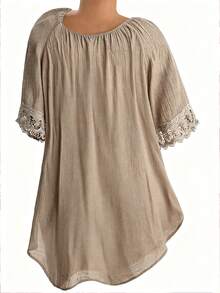 EMERY ROSE Plus Size Women Drawstring Ruched Casual Boho Bohemian Versatile Daily Wear Shirt Vacation Khaki Summer - Khaki - View 2