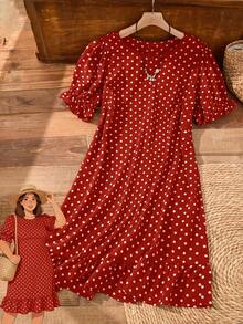 Rusticease Plus Size Women Summer Casual Vacation Red Polka Dot Ruffle Petal Sleeve Dress,Holiday Casual Round Neck Ruffle Puff Sleeve Flowy Country Outfits - Red - View 1
