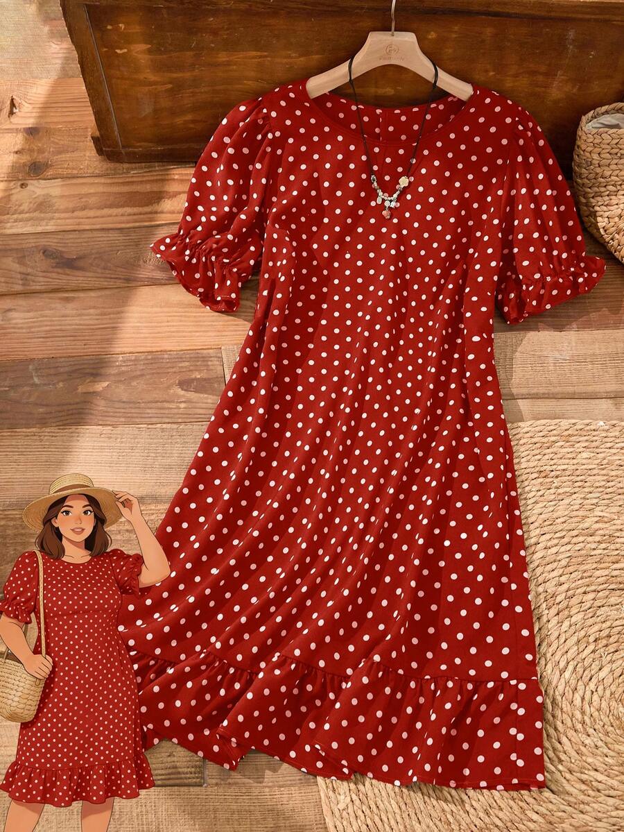 Rusticease Plus Size Women Summer Casual Vacation Red Polka Dot Ruffle Petal Sleeve Dress,Holiday Casual Round Neck Ruffle Puff Sleeve Flowy Country Outfits - Red - View 1