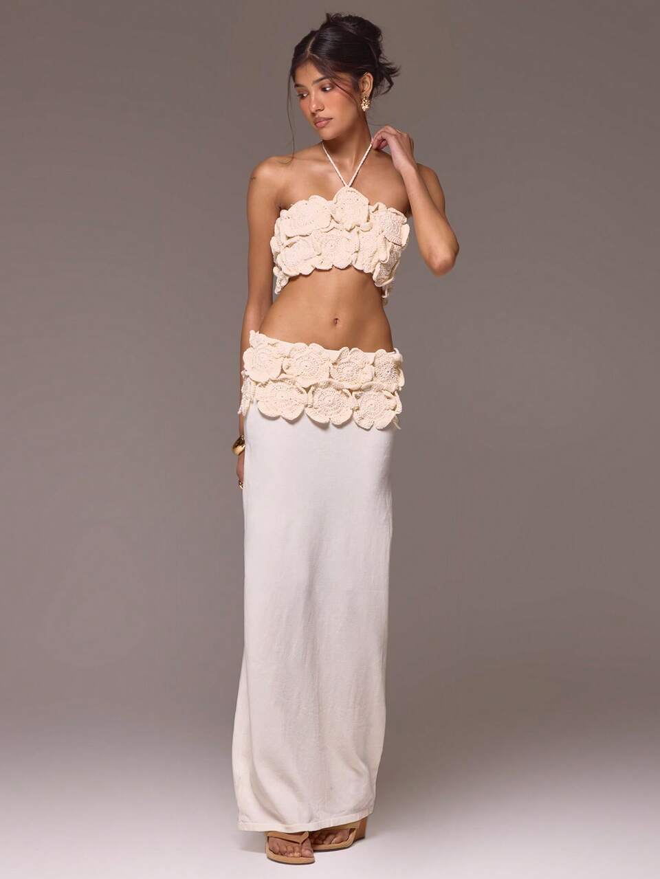 Cream Knit Bralette Halterneck Bra Self Tie Floral Crop Top Only