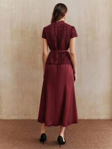 Anewsta Vestido Elegante Elegante Borgonha Feminino de Verão Novo Tweed Patchwork Cetim Barra Sereia - Vinho - Visão 2