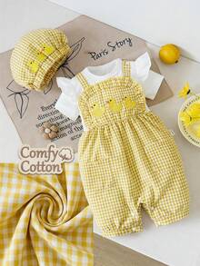 SHEIN Playful Pals Bộ đồ liền thân và mũ tay bèo nhún thêu hoa 3D dễ thương cho bé gái, thích hợp cho mùa hè. - Màu vàng - Xem 10