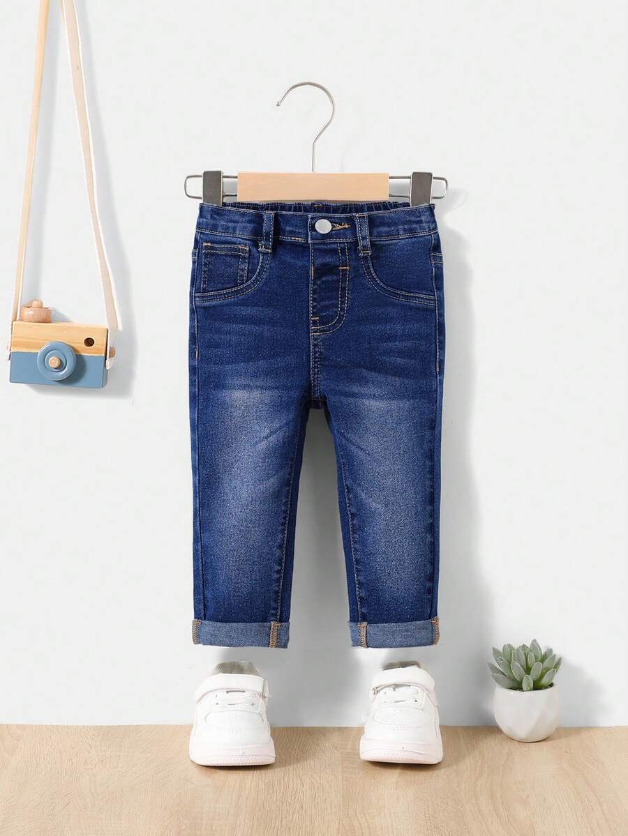 SHEIN Quần jean bó ống rộng co giãn thời trang thường ngày cho bé trai - Rửa tối - Xem 1