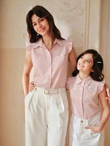 Anewsta Tween Girl Sweet Style Faux Pearl Beaded Ruffle Trim Blouse - Baby Pink - View 8
