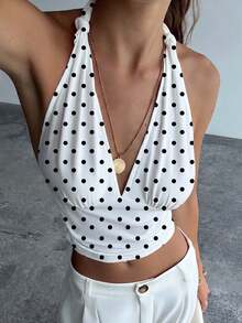 Aloruh Women's Casual Elegant Retro Polka Dot Print Twist Knot Camisole, Suitable For Summer, Retro Polka Dot Camisole, Summer Holiday Camisole,Summer Top - White - View 9