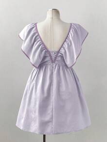 Sunspun Plus Size Women's Summer Light Green Striped V-Neck Ruffle Bow Tie Dress, Retro French Style Flutter Sleeve Tie Waist Short Dress - Purple - View 2