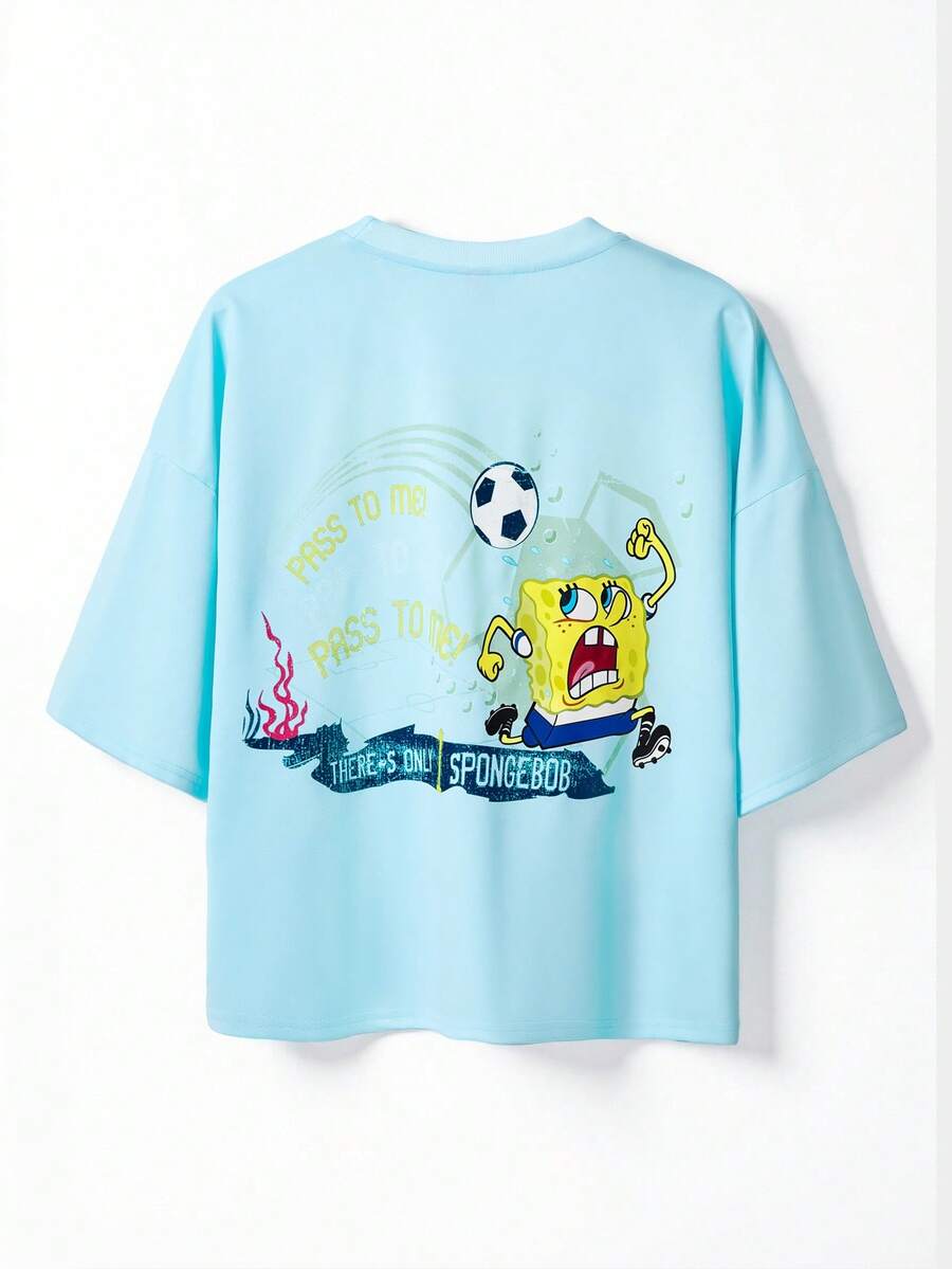 SpongeBob SquarePants | SHEIN TOKVUE 男士圆领卡通字母印花休闲百搭日常穿搭T恤 - 淺藍色 - 查看 1