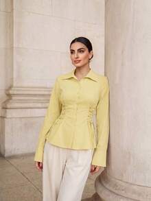 Graceveil Women's Casual Drawstring Tie Solid Color Shirt, Minimalist Versatile For Daily Commute, Spring/Autumn - Yellow - View 3