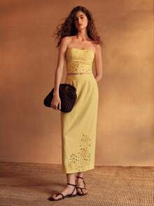 MOTF PREMIUM WOMEN'S LINEN ROPE EMBROIDERED BEADED VACATION SKIRT - Yellow - View 3