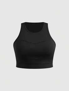 Cheerettes Tank Top Wanita Ukuran Besar Warna Polos Leher Bulat Kasual untuk Kebugaran dan Olahraga - Hitam - View 3