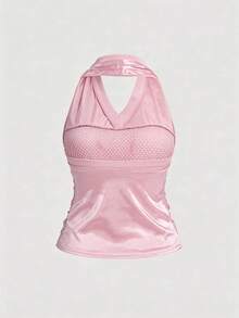 ROMWE J-Fashion Top sin espalda con estampado numérico deportivo Y2K para mujer - Rosa - Ver 2