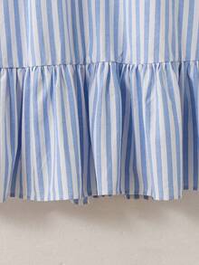 Teen Girl Polo Collar Striped Embroidered Short Sleeve Midi Dress,Baby Blue,Summer,Y2k,Holiday,Back-To-School,Contrast Ruffle Button Front Outwear - Blue - View 6