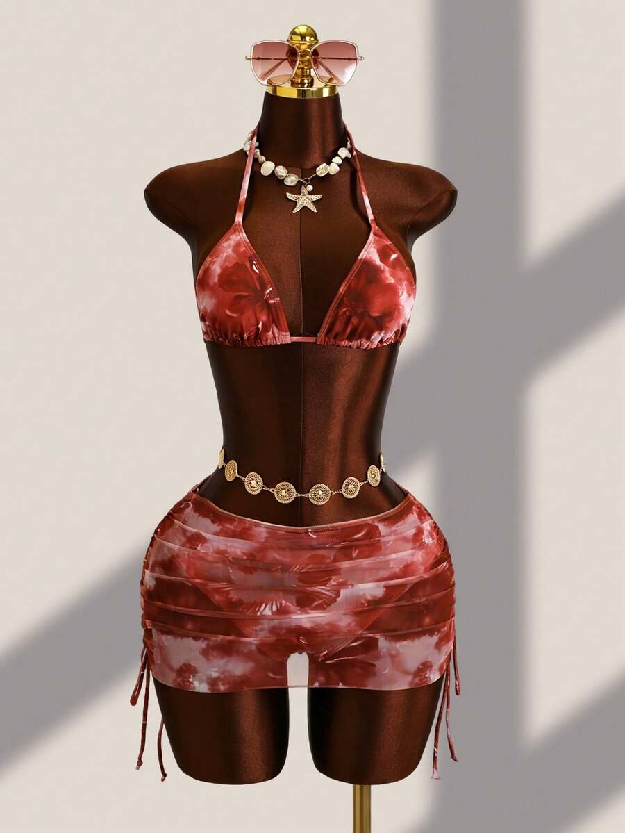 Zestiva Bộ đồ bơi 3 món cho nữ, bikini hoa lãng mạn đi biển nghỉ dưỡng, áo tankini cổ yếm & váy sarong lưới, phù hợp cho tiệc bể bơi - Cà phê nâu - Xem 1