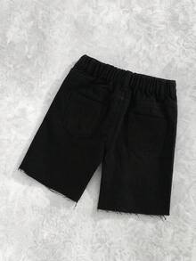 SHEIN Boys' Summer New Denim Shorts With Rhinestone Decor, Elastic Waist, Fashionable Street Style, Comfortable Fit, Versatile For Summer Back-To-School 80s - Black - View 2