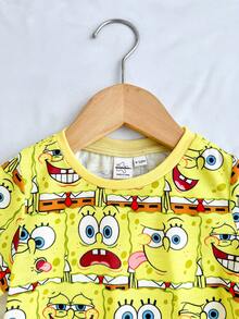 SpongeBob SquarePants | SHEIN Baby Girl Versatile Round Neck Short Sleeve Romper - Yellow - View 5