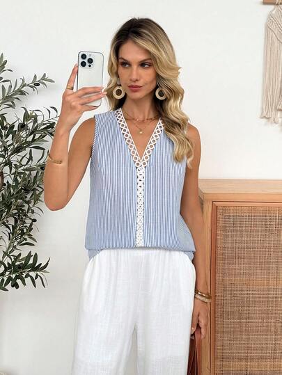 Easowa V-Ausschnitt Spitze Patchwork ärmelloses Weste Hemd, gewebter gestreifter Stoff, bequeme, lässige, entspannte, elegante Bluse für den Alltag oder Urlaub für Frauen, Frühling/Sommer