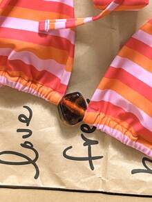 Swim Mod 2026 Spring/Summer Spaghetti Strap Orange & Pink Striped Amber Rhombus Decor Side High-Cut Bikini Two Pieces Swimwear For Women - Multicolor - View 4