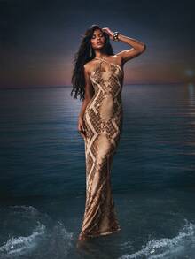 MISSGUIDED Snake Print Halter Neck Backless Maxi Dress Bodycon Flare Hem Evening Party Summer - Apricot - View 1