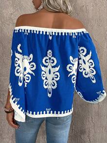 EMERY ROSE Women's Off-Shoulder Floral Print Casual Versatile Daily Wear Blouse - Royal Blue - View 2