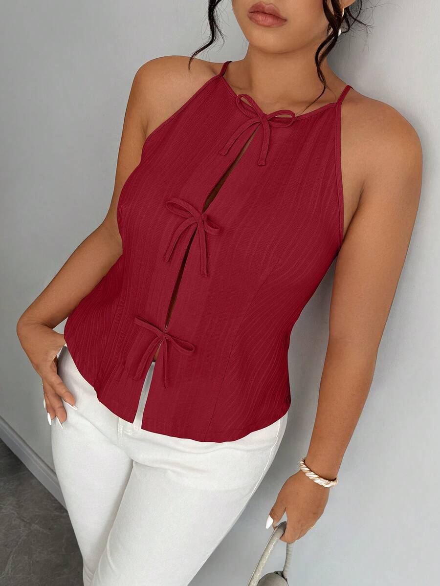 Elenzga Plus Size Women Solid Color Lace-Up Casual Versatile Daily Wear Top - Red - View 1