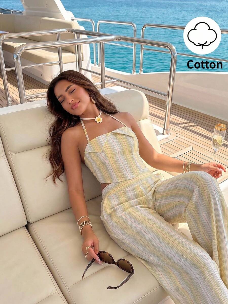 Sunnyshic Conjunto de dos piezas con top corto sin tirantes con espalda descubierta y rayas amarillas, y pantalones rectos de cintura alta con bolsillos. Conjunto elegante, vintage y minimalista para primavera/verano, vacaciones, playa y uso diario. - Amarillo - Ver 1