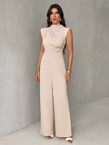 SHEIN Tall Mono elegante y minimalista de mujer, de estilo urbano y chic, con cuello alto pequeño, mangas cortas, cintura alta y piernas anchas, en color albaricoque - Marrón - Ver 5