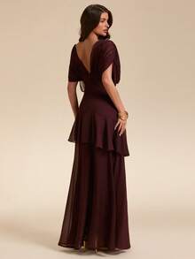 SHEIN BAE Women's Solid Brown Deep V-Neck Sheer Ruffle Hem Maxi Chiffon Dress, Elegant For Spring/Summer - Burgundy - View 2