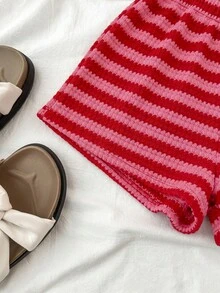 SHEIN Tween Girls Cute Red Polka Dot Summer 2 Pieces Set,Textu Jacquard Cropped Top And Elastic Waist Shorts,Casual Vacation Holiday Beach Wear For Kids - Red - View 3