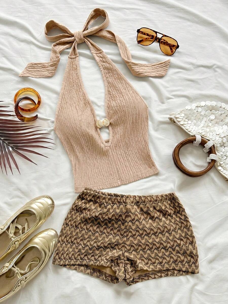Soleia Women's Vacation Casual Solid Color Backless Halter Top And Shorts 2-Piece Set - Khaki - View 1