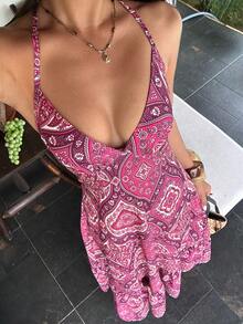 Sunnyshic Women's Printed Spaghetti Strap Dress, Beach Outfit, Bohemian Style Vacation Dress, Spring/Summer - Hot Pink - View 4