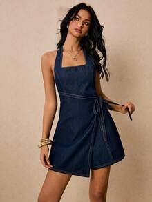 Poéselle Bộ áo liền quần không tay hở lưng dành cho nữ, màu trơn, thời trang mùa hè, chất liệu denim. - Màu xanh lam - Xem 3