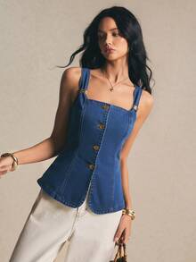Poéselle Áo sơ mi denim nữ không tay cài cúc phía trước, kiểu dáng thường ngày, thích hợp cho mùa hè. - Màu xanh lam - Xem 17