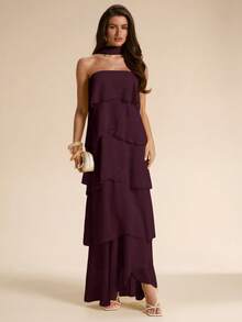 SHEIN BAE Dark Purple Layered Ruffle Hem Dress,Flowy Elegant Dress Suitable For Autumn Party Night,Vacation,Bridesmaid,Wedding,Spring/Summer Wear,Formal Gown - Purple - View 7