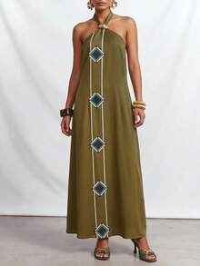 Zivah Đầm đi biển thanh lịch phong cách Bohemian mới năm 2026, chất liệu vải lanh mềm mại, điểm nhấn là phụ kiện kim loại, chi tiết buộc dây, họa tiết in màu xanh lá cây, đầm buộc dây, đầm đi biển thanh lịch phong cách Bohemian, đầm đi biển thoải mái, đầm nữ. - màu xanh lá - Xem 5