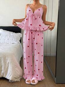 Napfluff Conjunto de pijama para mujer, camiseta de tirantes con volantes y cuello en V con cordón y estampado de corazones a rayas rosa primaveral, y pantalón de estar por casa - Rosa - Ver 1