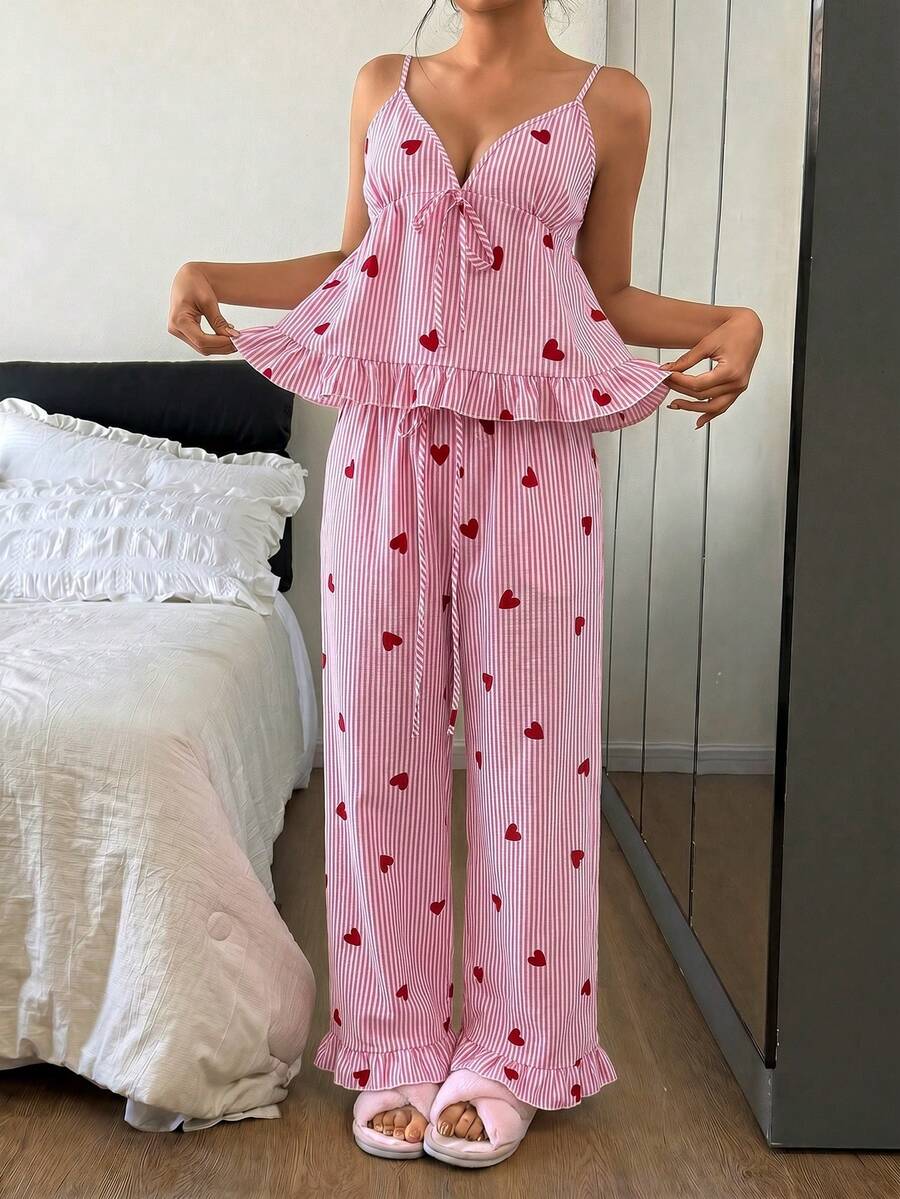 Napfluff Conjunto de pijama para mujer, camiseta de tirantes con volantes y cuello en V con cordón y estampado de corazones a rayas rosa primaveral, y pantalón de estar por casa - Rosa - Ver 1
