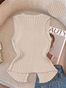 Resyla Áo vest nữ dáng ôm, tối giản, màu vàng nhạt, cổ chữ V, thanh lịch, dễ phối đồ, thích hợp cho công sở. - Màu be - Xem 2