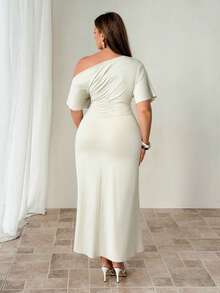 Auralis Robe élégante de grande taille, col asymétrique de couleur unie, été - Nude - Voir 3