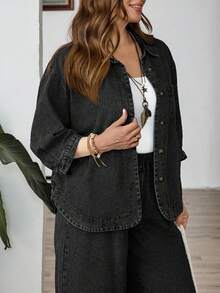 EMERY ROSE Mature Denim Plus Size Drop Shoulder Short Sleeve Front Button Loose Denim Top, Summer Fashion - Black - View 5
