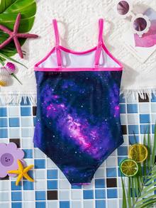 SHEIN Young Girl Summer Beach Vacation K-Pop Star Sky Print Contrast Trim One-Piece Swimsuit - Purple - View 2