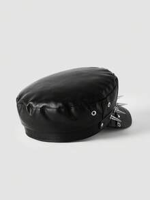 MortiRose 1pc Women's Fashion Rivet Decor Metal Leather Belt Buckle Beret Hat - Black - View 8
