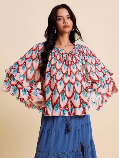 LOTSLUV Women's Spring/Summer Vacation Peacock Print Loose Blouse, Round Neck With Drawstring Tie, Asymmetrical Sleeves,Blouses For Women,Elegant Blouses For Ladies,Beautiful Blouses For Women,Long Sleeve Blouse,Elegant Women's Shirts,Cold Weather Blouse